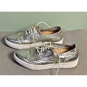 Shellys London Platform Lace Up Oxford Shoes - Metallic Silver Sneaker Size 7